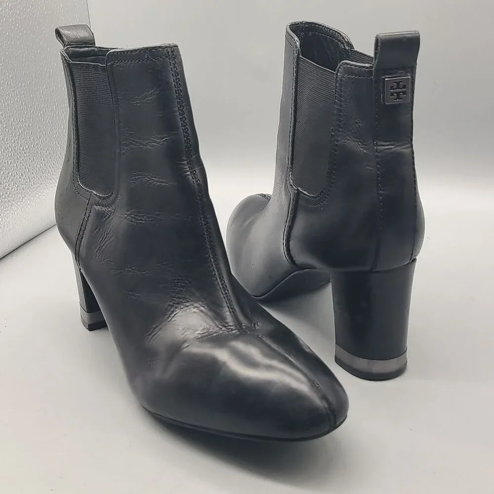 Tory Burch women ankle heel boots April Leather Black Booties Chelsea sz 8.5